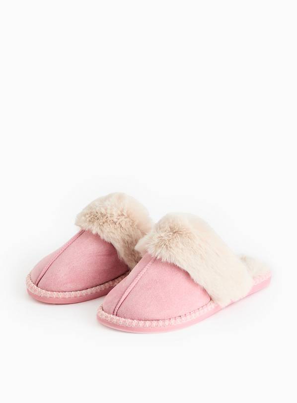 Pink Stitch Detail Faux Fur Cuff Mule Slippers M